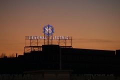 The GE sign at dusk