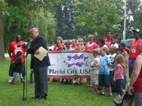 Fort Wayne Parks & Recreation Director Al Moll announcing the Playful City USA initiative.  Courtesy photo.