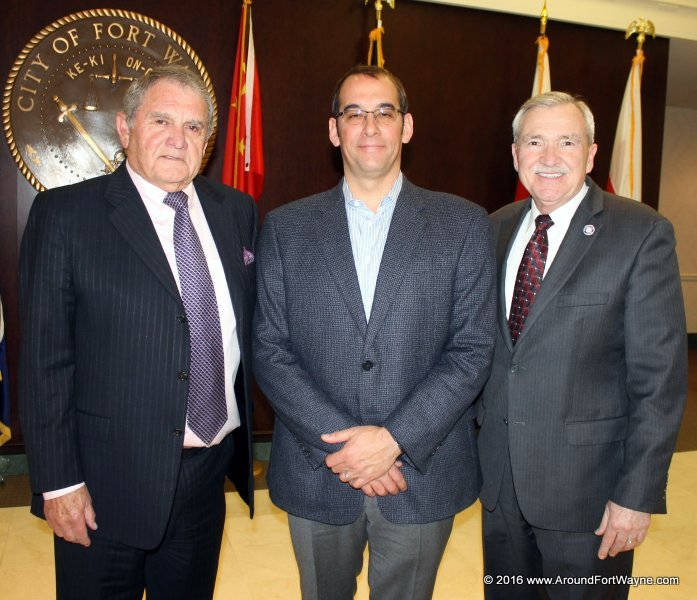 Larry Griggers, Brad Toothaker, and Mayor Tom Henry after the Ruth's Chris announcement on February 12, 2016.
