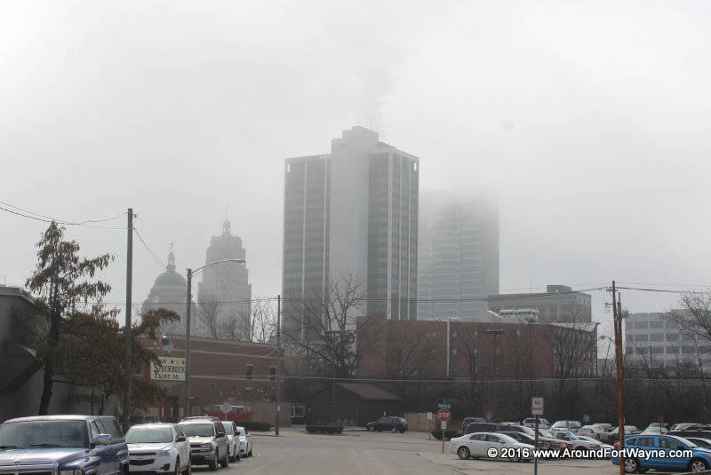 Downtown Fort Wayne Indiana on a foggy morning.