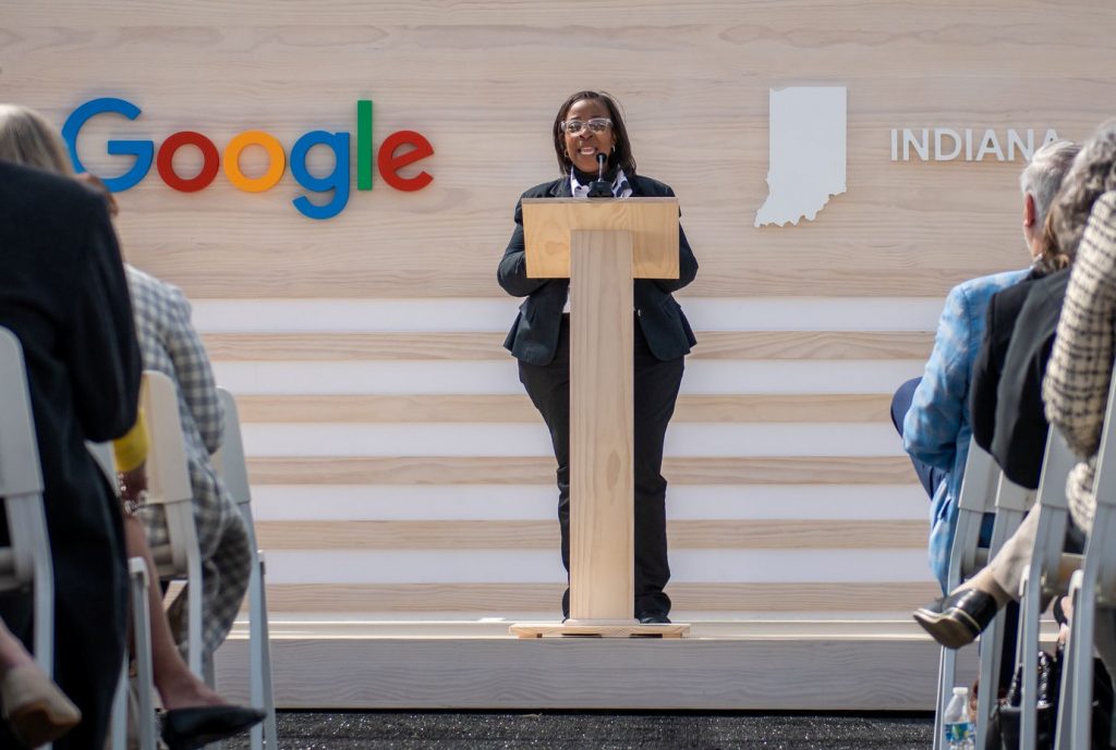 Fort Wayne Mayor Sharon Tucker at the announcement of the $2B Google Center coming to Fort Wayne, Indiana. Photo courtesy of the City of Fort Wayne.